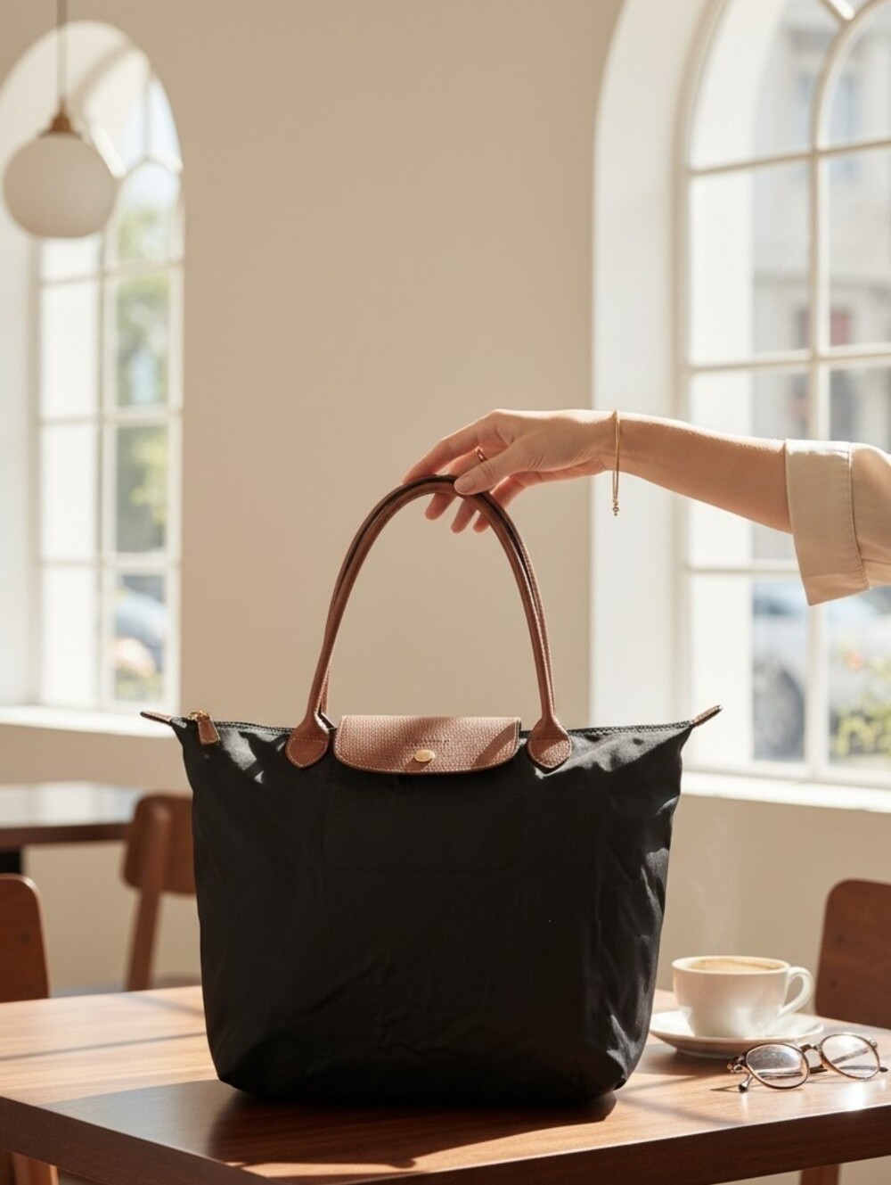 Longchamp Les Pliage Black Tote with Brown Leather Trim
